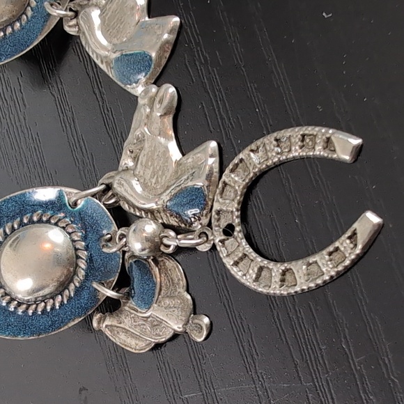 Blue and Silver Western Cowboy Hat Earrings With Charms Horse Earrings Dangling - Picture 3 of 11